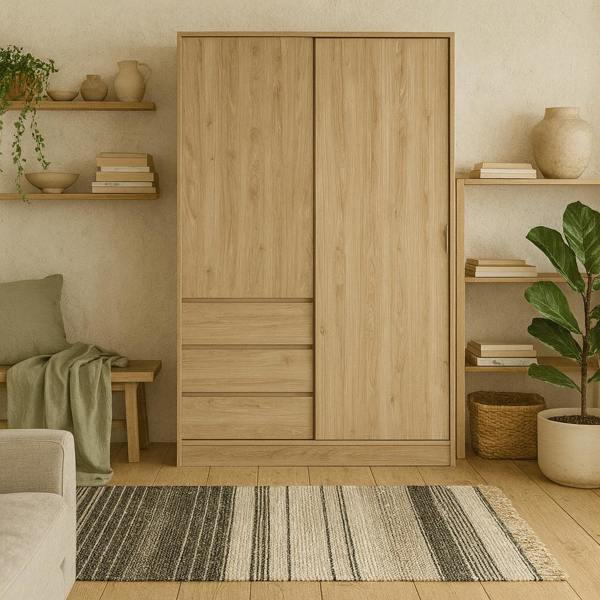 Wyld Haus Budapest Natural Oak Effect Wood Wardrobe 2 Doors 3 Drawers
