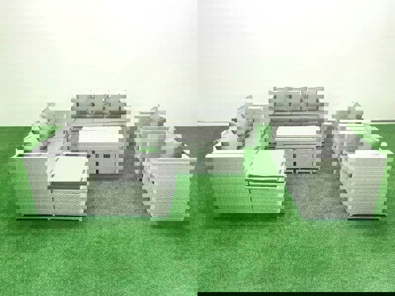 Fimous Outdoor Garden Furniture Rattan Sofa Set with 2 Armchairs Oblong Coffee Table 3 Footstools Light Grey Mixed