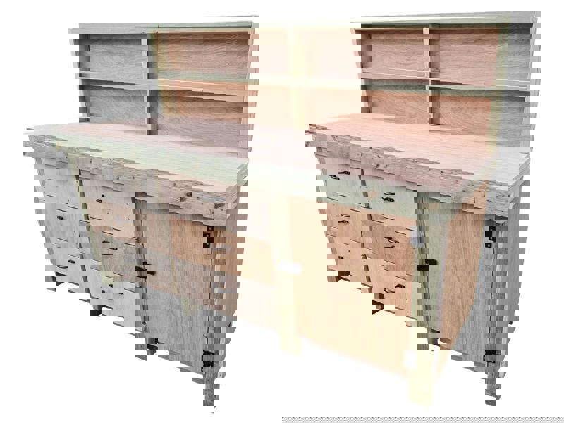 Arbor Garden Solutions Wooden Eucalyptus hardwood top workbench, cabinet with lockable cupboard (V.3) with back and double shelf