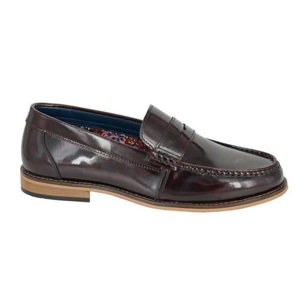 Roamers Mens Leather Hi Shine Saddle Loafers - Burgundy - 
