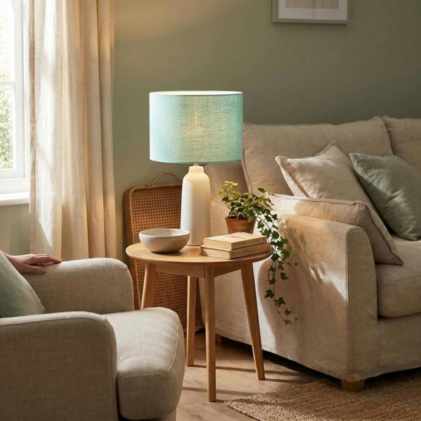 Designer Emerald Bay Green Textured Linen Fabric Circular Lamp Shade Image 6
