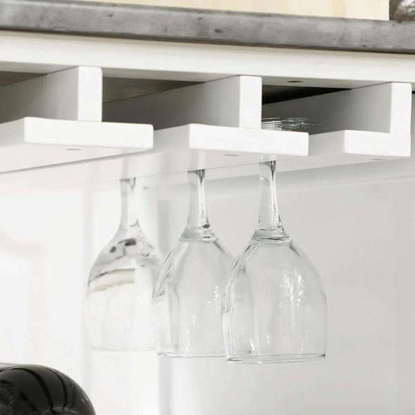 Hanging wine glass rack under the top of a white kitchen trolley cart