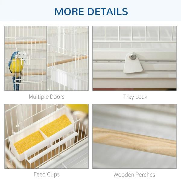 White bird cage details: multiple doors, tray lock, feed cups, wooden perches