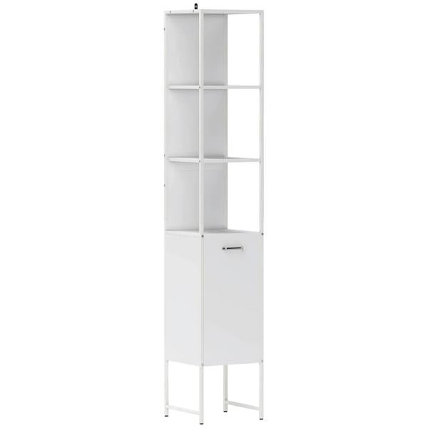 Tall white bathroom cabinet with open shelves and lower storage door