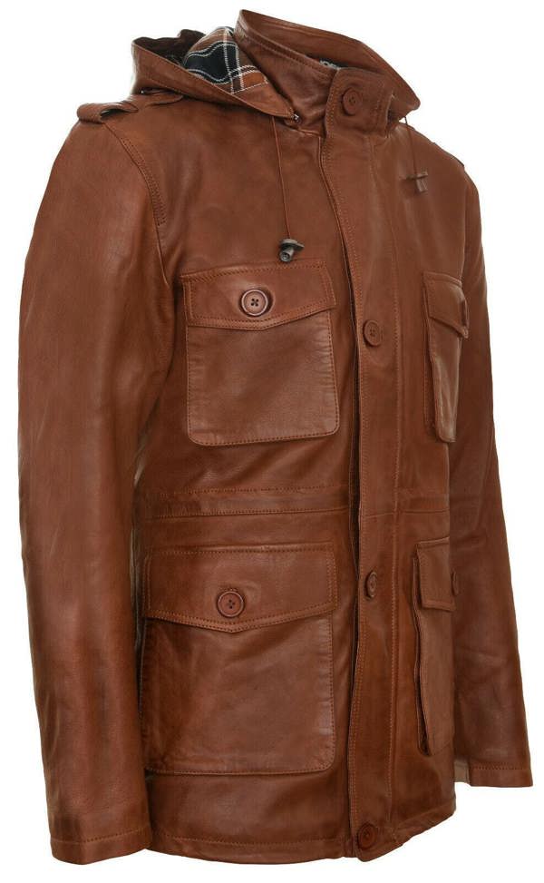 Infinity Leather Mens Hooded Trench Multi-Pocket Overcoat Leather Jacket