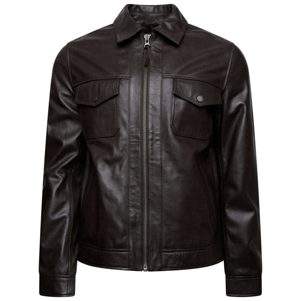 Image displays a brown leather jacket in a classic harrington design with two patch pockets on the upper chest area.