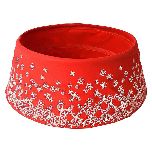 Pop Up Christmas Tree Skirt Collar in Red Snowy Pattern Fabric, Sprung Steel Frame Stand Cover, Fits 1.5–2.1m Trees, 56cm Diameter x 25cm High