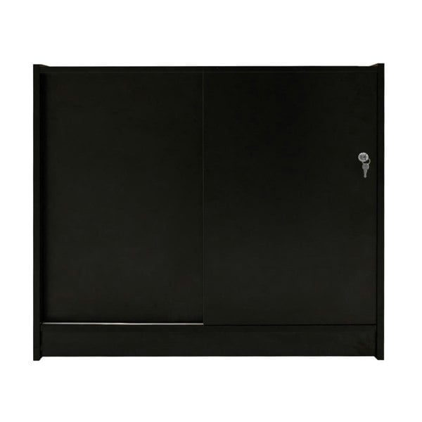 Sleek black LED retail shop counter B1200 with sliding doors, featuring a modern design and durable metal construction