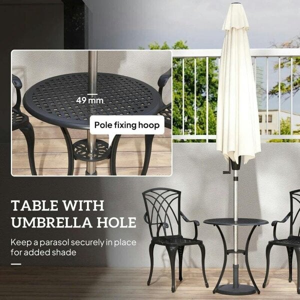 Bobobiy 3 Pieces Garden Dining Set for 2, Cast Aluminium Outdoor Dining Set with 2 Armchairs and Round Dining Table with Parasol Hole, Brown