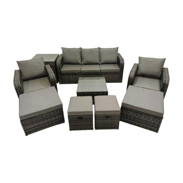 Fimous 3 Seater Sofa Reclining Chair Coffee Table Set Rattan Garden Outdoor Furniture Set with Side Table 4 Stools Dark Grey Mixed