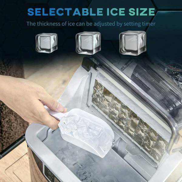 Open black ice machine with ice tray and hand placing ice, adjustable cube size