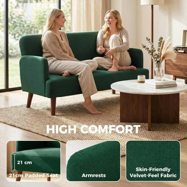 Velvet Feel Fabric 2 Seater Sofa, Small Sofa Loveseat with 21cm Thick Padding and Wood Legs, Dark Green