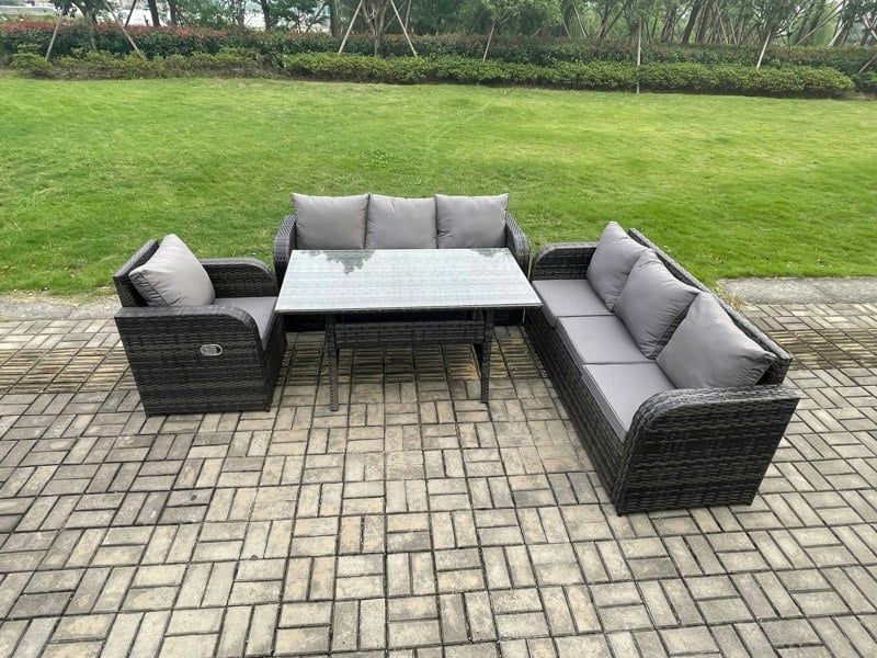 Fimous 7 Seater Lounge Rattan Sofa Set Outdoor Garden Furniture Oblong Rectangular Dining Table With Adjustable Chair Dark Grey Mixed