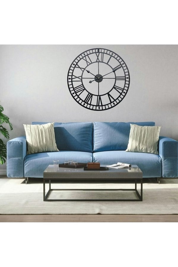 Living and Home 40cm Dia Black Round Roman Numeral Skeleton Wall Clock with Scale