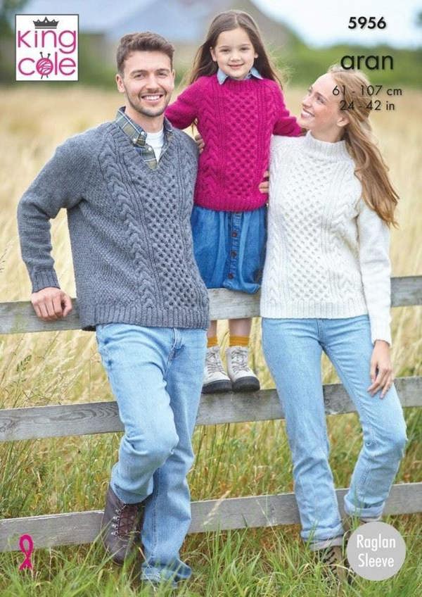 King Cole Wool Aran Knitting Pattern 5956, Sweaters for Kids, Teenagers, Women, Men, 24 - 42 Inches