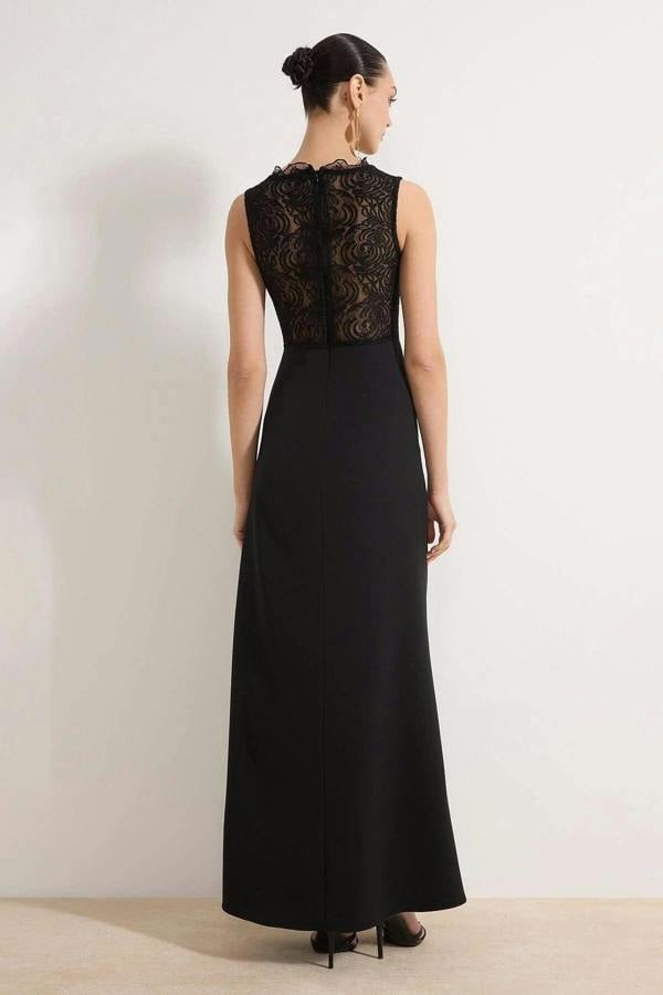 Lace Detail Woven Maxi Evening Dress
