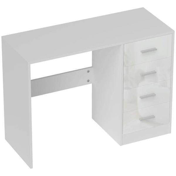 White computer desk with drawers and open shelf under the tabletop