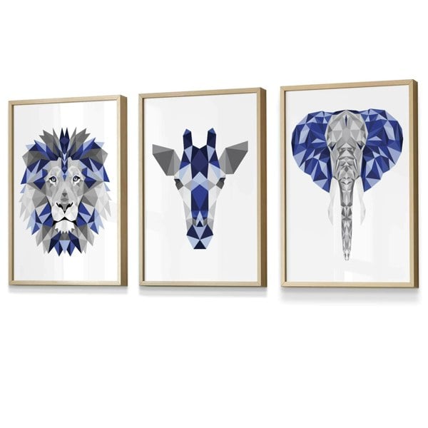 Set of 3 Blue & Grey Framed Art Prints Jungle Giraffe Lion Elephant | Artze Wall Art UK