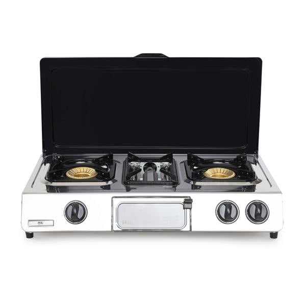 Portable gas stove with three burners on a white background