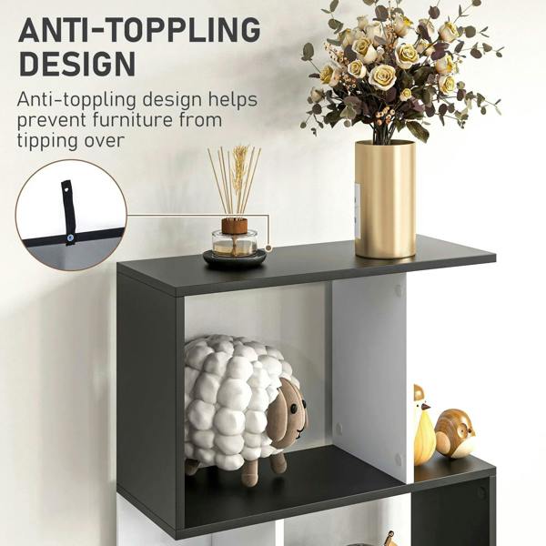 S-shaped storage bookshelf in black with open tier shelves and stable base