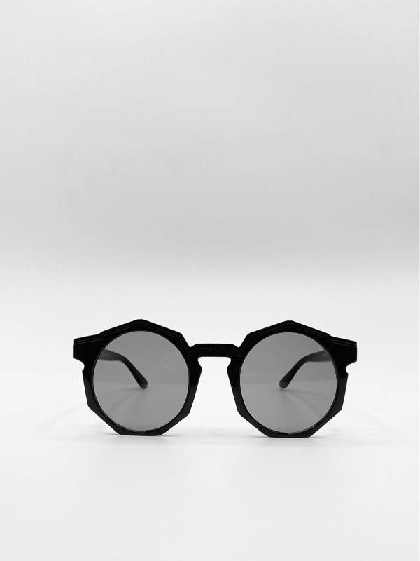 SVNX Black Plastic Frame Hexagon Sunglasses with Black Lenses