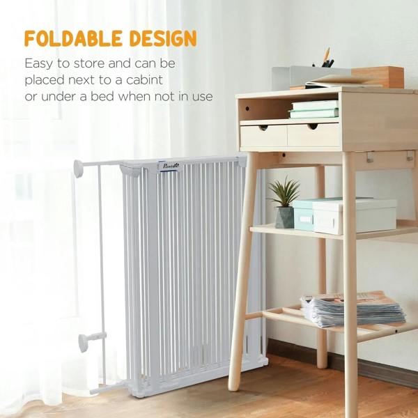 White foldable dog playpen with side gate and tall vertical bars