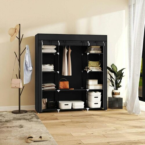 Portable Wardrobe, Foldable Fabric Wardrobe, 150 x 43 x 162.5cm, Clothes Storage Organiser - Hanging Rail, Shelves, Fabric Cover, Black