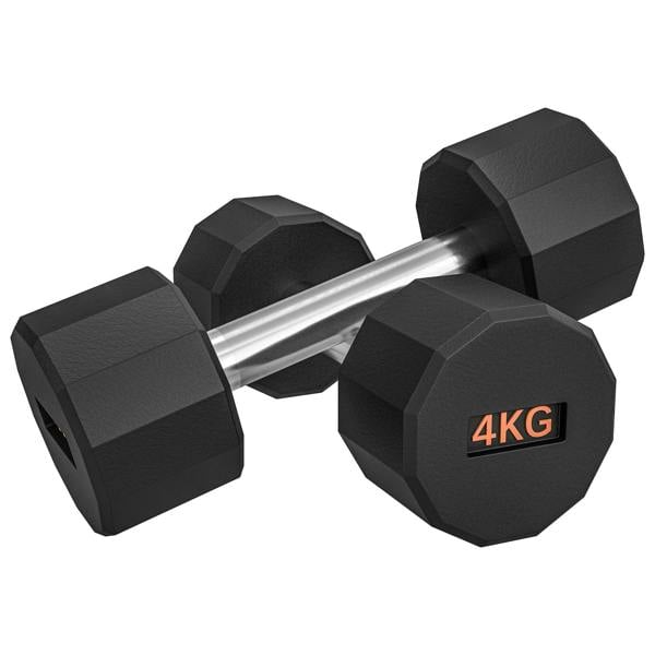 Black hex-shaped dumbbells with non-slip grip, 4kg label