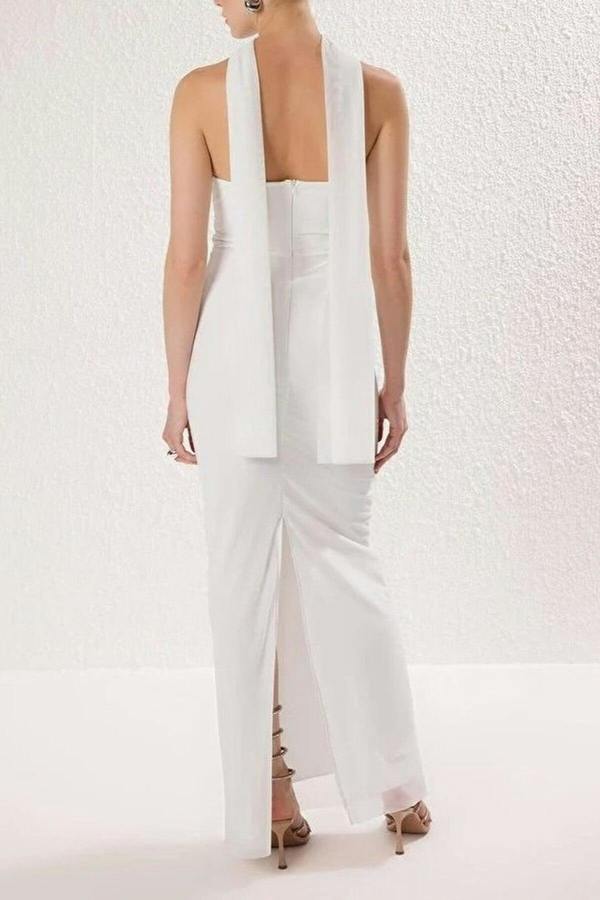 WOVCOR Tulle Knit Maxi Evening Dress with Shawl Detail