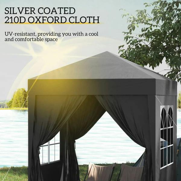 Black garden gazebo canopy with hanging side curtains and arched window panel