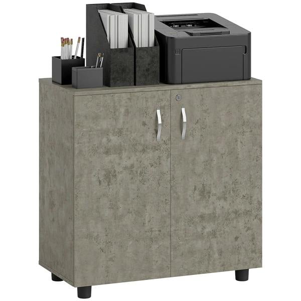 Grey two-tier locking office storage cabinet with double doors and open top file organizers