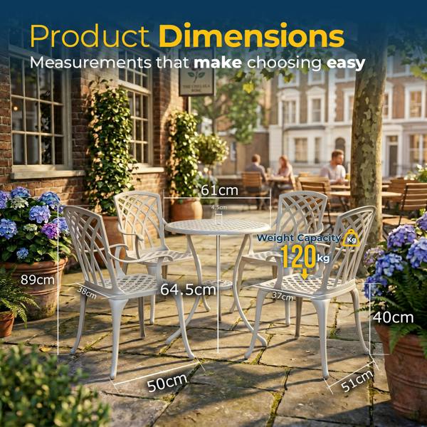 Homeology OSHOWA Luxurious Garden and Patio Table and 4 Large Chairs with Armrests Cast Aluminium Bistro Set - White