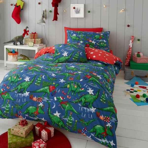 Happy Linen Company Festive Dinosaur Christmas Bedding Set - Glow in the dark