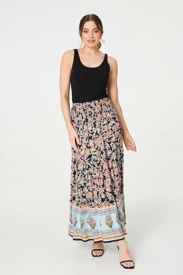 Navy | Floral Print High Waist Maxi Skirt : Model is 5'9"/175 cm and wears UK8/EU36/US4/AUS8