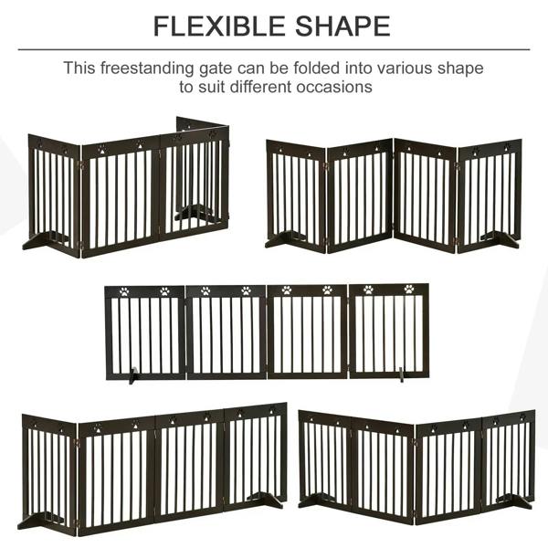 Brown folding wooden pet gate with multiple panel configurations and paw print accents