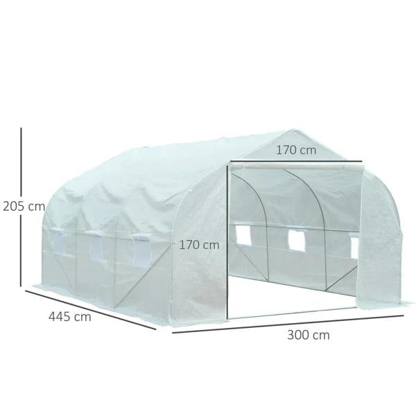 White walk-in polytunnel greenhouse with door and window panels, with size markings