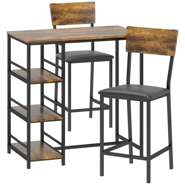 Compact bar table set with two bar stools, rustic brown tabletop and dark metal frame