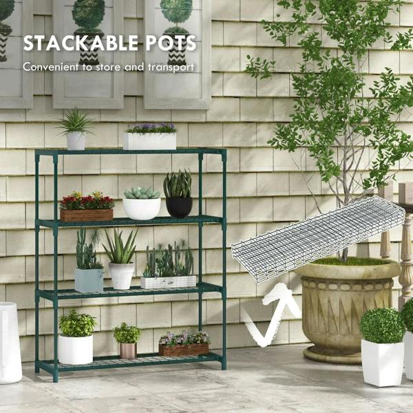 Green four-tier plant shelf with stacked wire-grid tiers and potted plants.