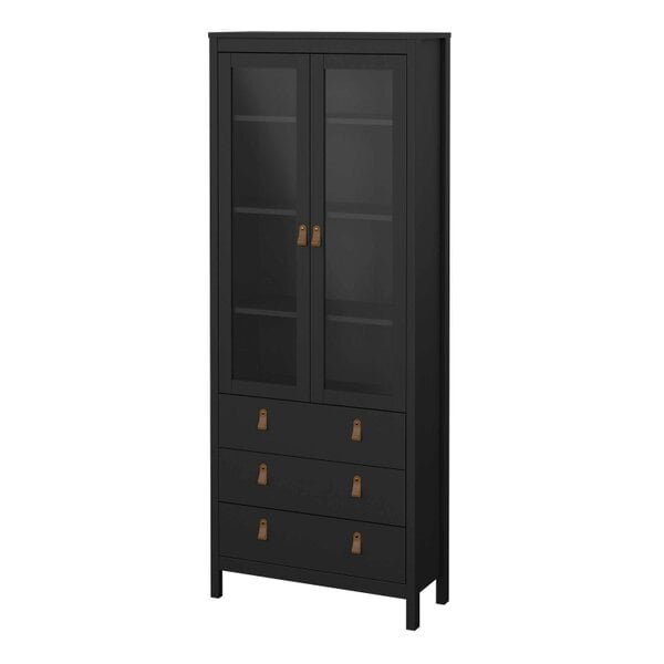 Wyld Haus Wildberry Matt Black Wooden China Cabinet 2 Glass Doors with 3 Drawers Leather Handles