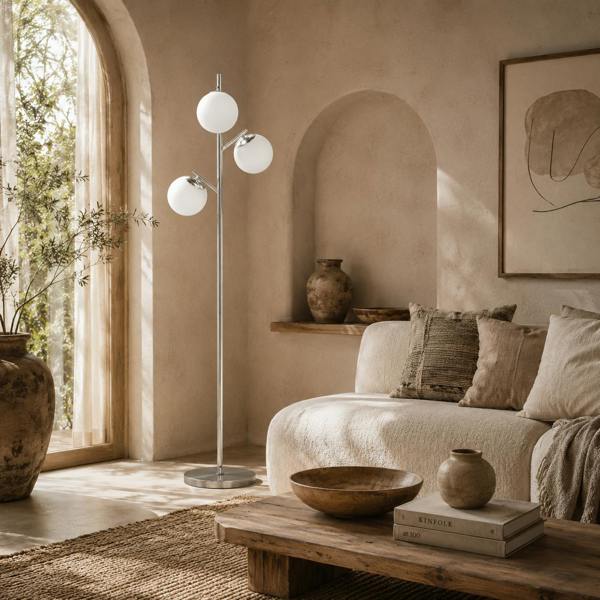 Wyld Haus Kaniri Metal Silver 3 Light Tree Floor Lamp With Globe Shades Adjustable Colour Light