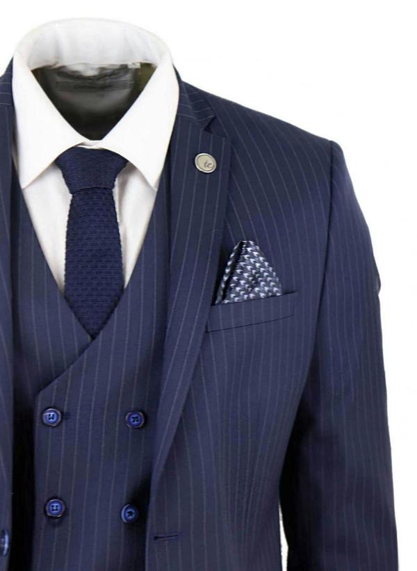 TruClothing Men's 3 Piece Navy Blue Pinstripe Retro Suit