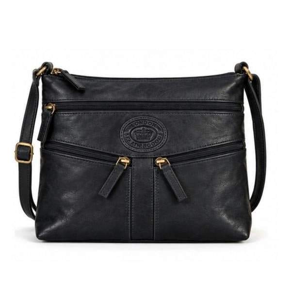 London Leathergoods Leather Multi Pocket Crossbody Bag with 3 Front Zips