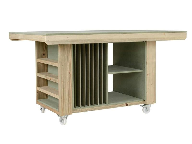 Art/Craft Project Workbench with Storage V.3 features a durable, moisture-resistant 18mm MDF top, ideal for creative projects and precision work. This design includes 7 vertical sections on one side for organizing materials and a double shelf on the other for versatile storage options