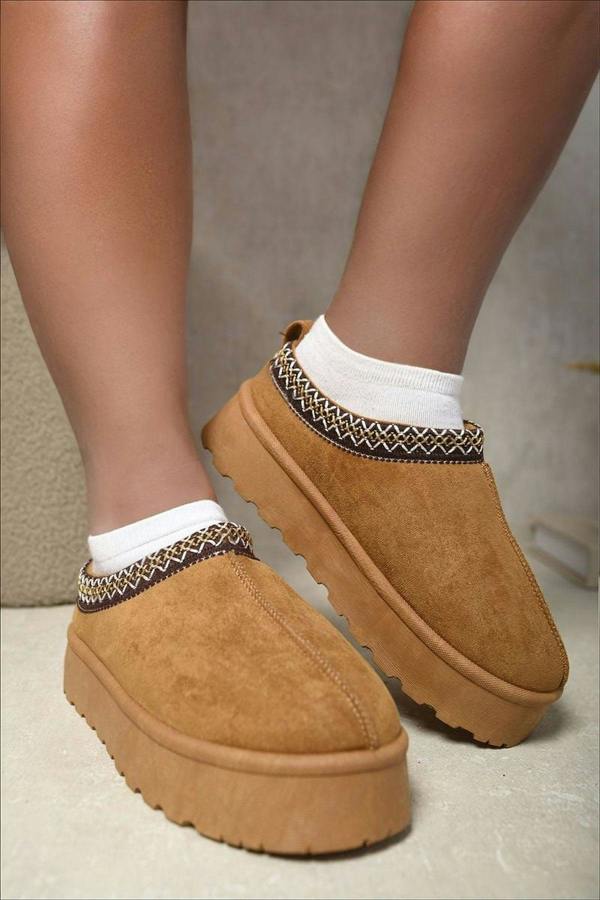 Jolene Aztec Detail Low Ankle Platform Slipper Boots - Chestnut