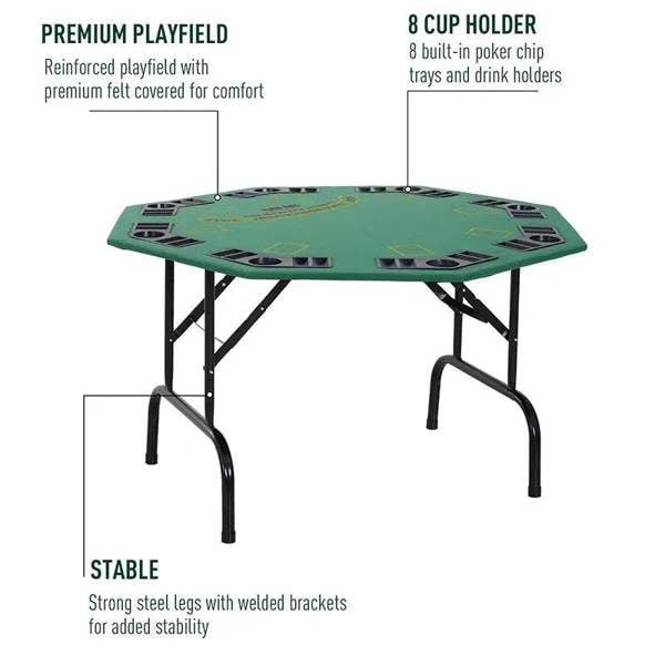 Green felt poker table with built-in cup holders and welded steel legs