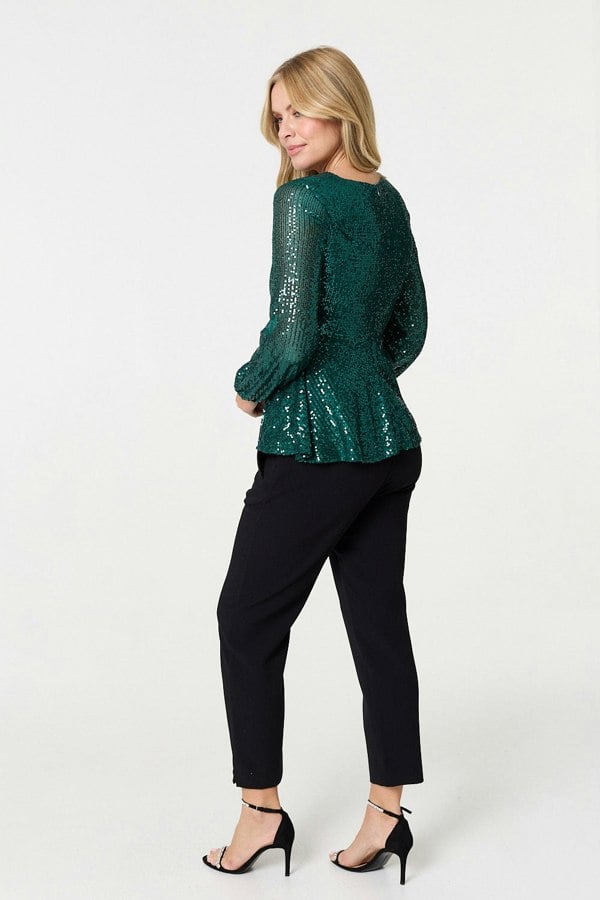 Green | Sequin Embellished Long Sleeve Peplum Top

