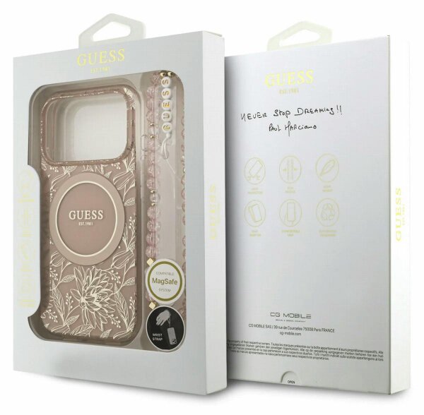 Guess IML Flowers Electro Pearl Strap MagSafe Case for iPhone 17/18 Pro 6.3" Pink - GUHMP18LHCPOFPP