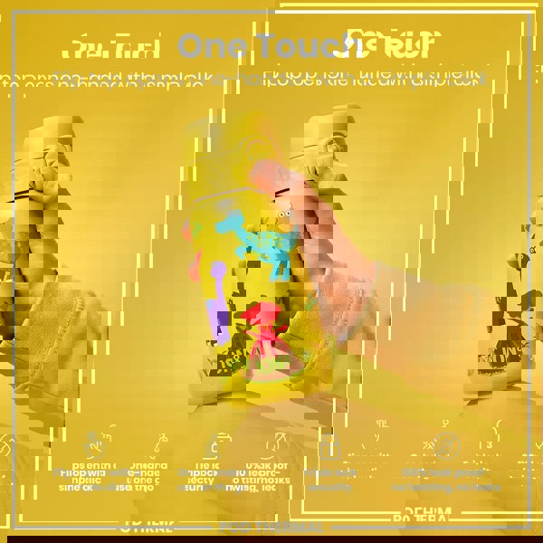 A yellow water bottle, with a dinosaur design, is being held; its flip top opens one-handed. The bottle is advertised as one-touch, triple-lock secure, and leak-proof. POD THERMAL is the brand.