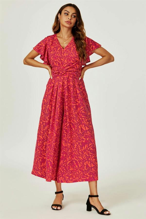 FS Collection Printed Wide Leg Twist Jumpsuit In Fuchsia