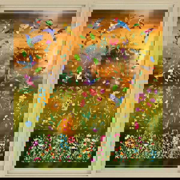 WALPLUS C2WSW021 - Small Hummingbirds with Watercolour Wildflower Meadow Window Clings - WSW3002 + WSW6011